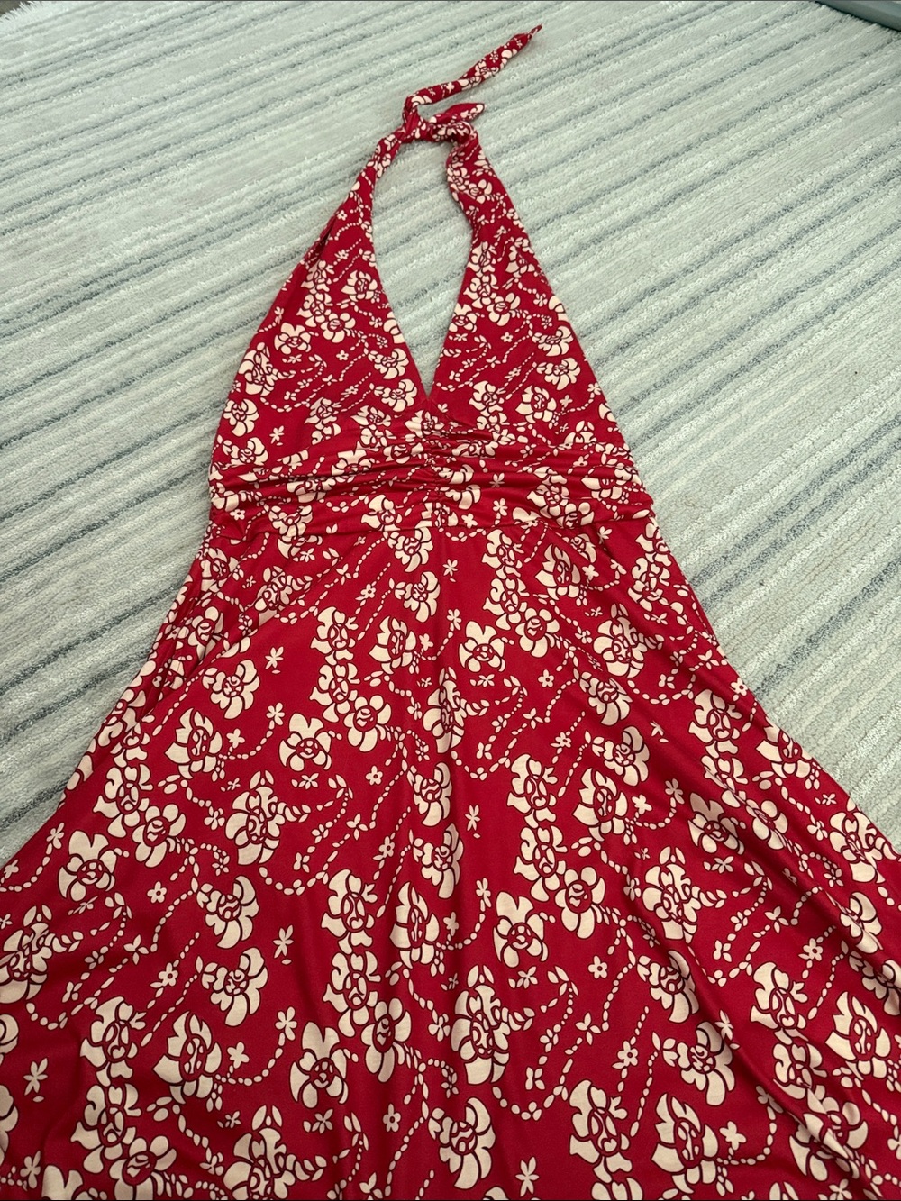 Red Halter Floral Midi Dress with Cream Print
